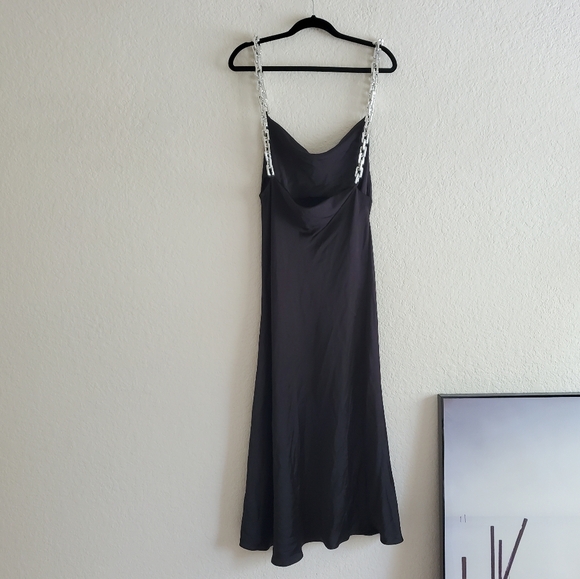 Zara * Chain Strap Satin Effect Slip Midi Dress Black - Picture 15 of 16